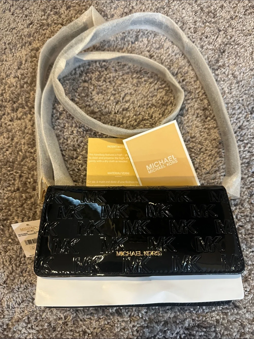 Michael Kors Black Patent MK Logo Crossbody with White Trim